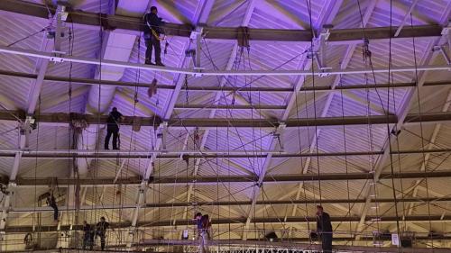 Arena Riggers Hang Steel in the High Beams at Alliant Center